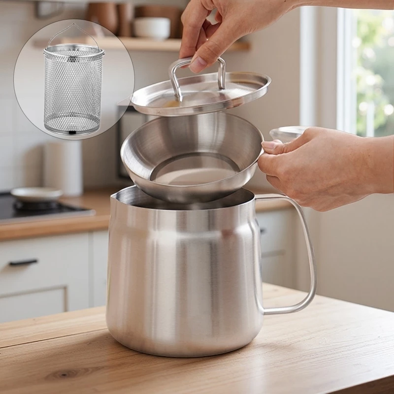 ภาชนะเก็บน้ำมันสเตนเลส 304 พร้อมตะแกรงทอดและที่กรอง - Grease Container with Strainer & Fry Basket for Kitchen Oil Storage and Food Filter