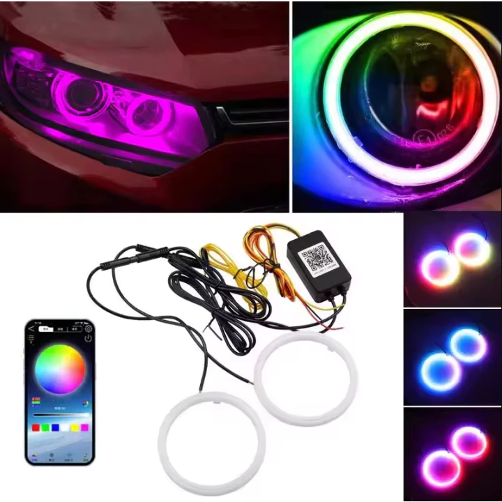 2PCS Auto RGB ผ้าฝ้าย LED Angel Eyes Halo แหวนรถ LED ไฟหน้าโคมไฟสําหรับรถยนต์ UTV รถจักรยานยนต์ DRL ตา APP ควบคุม RGB Angel Eyes Halo แหวน
