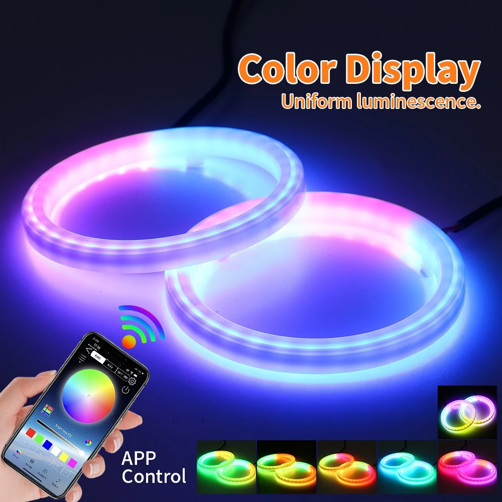 2PCS LED Angel Eyes RGB หลอดไฟ Halo แหวนโคมไฟรถไฟวิ่งกลางวัน DRL กันน้ําไฟตกแต่ง APP Angel Eyes Halo แหวน 12V 24V