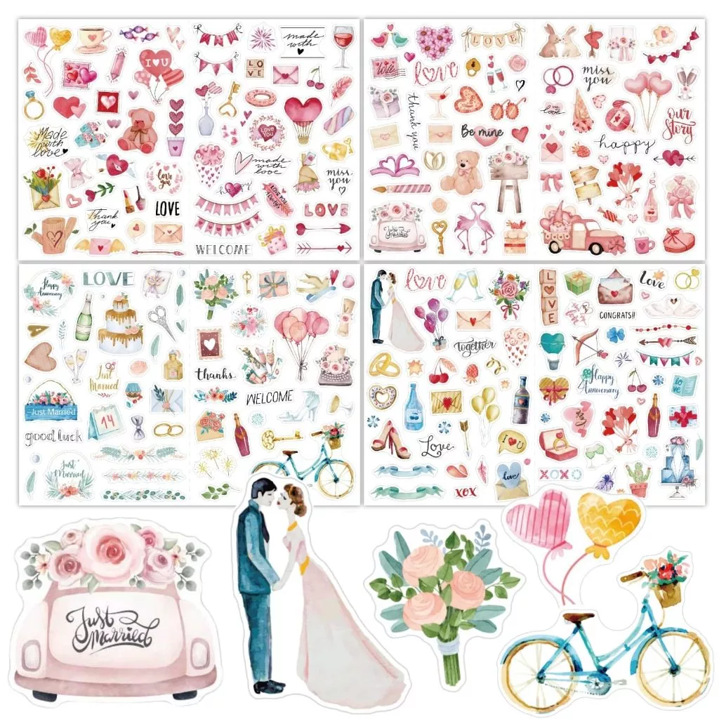 4แผ่นสติ๊กเกอร์แต่งงานสําหรับสมุด,220ชิ้นสีน้ําแต่งงานสมุดสติ๊กเกอร์สําหรับวางแผน,โรแมนติกสมุดวารสารครบรอบอุปกรณ์เจ้าสาว,กาวในตัว — ของมงคลหมวดฤกษ์และวันมงคล