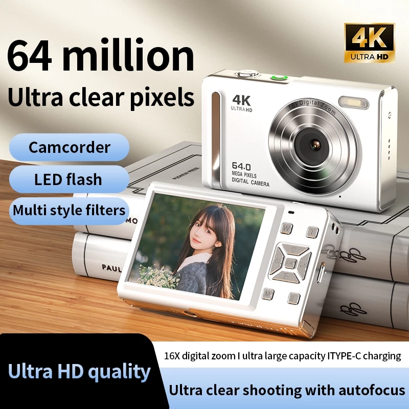 64MP 4K Vlogging กล้อง LED แฟลช 16X ซูมดิจิตอล 2.8 นิ้วจอแสดงผล Anti-Shake OTG ยาวนานแบตเตอรี่หลายตัวกรอง