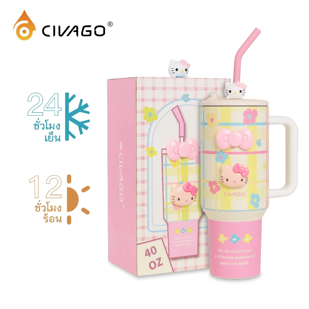 CIVAGO（40oz/1200ml）แก้วสแตนเลสเกรดอาหารแบบเก็บความเย็น มีหูหิ้วและหลอด ความจุใหญ่ สำหรับกาแฟเย็น ขวดน้ำ แก้วน้ำแฟชั่น ของขวัญผู้หญิง