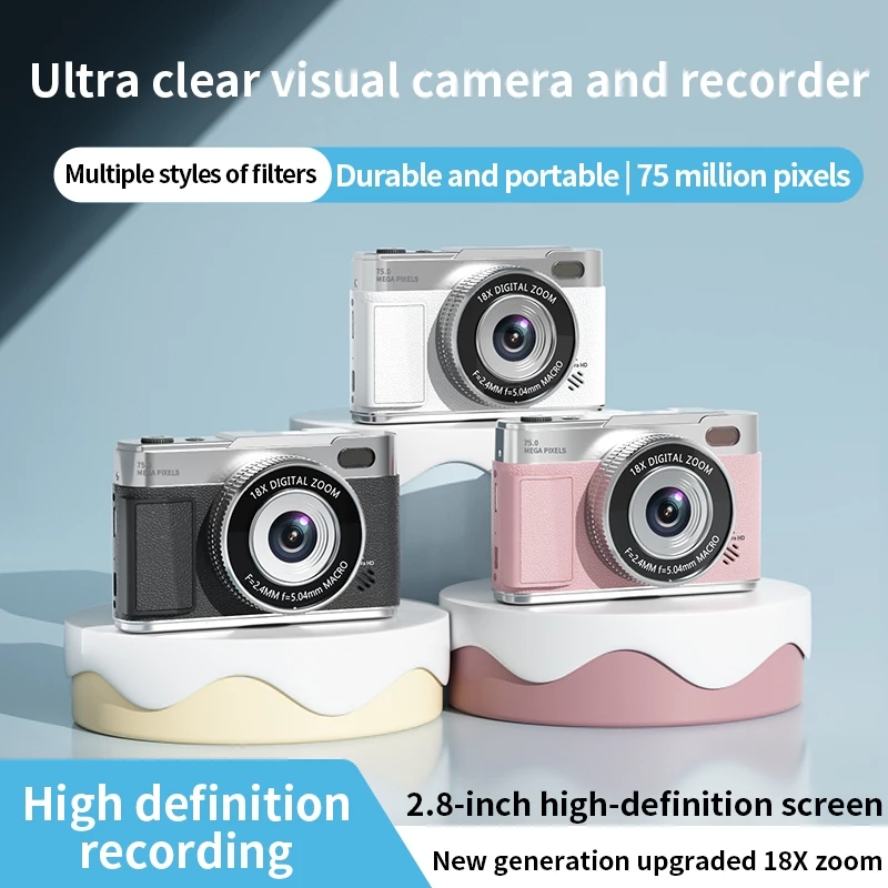 75MP CCD กล้อง 5K กล้องดิจิตอลการถ่ายภาพ 16X ซูมดิจิตอลเครื่องบันทึกวิดีโอ 180° กล้องพลิกหน้าจอ AF ออโต้โฟกัสและกันสั่นสําหรับการเดินทางและการสร้างเนื้อหา