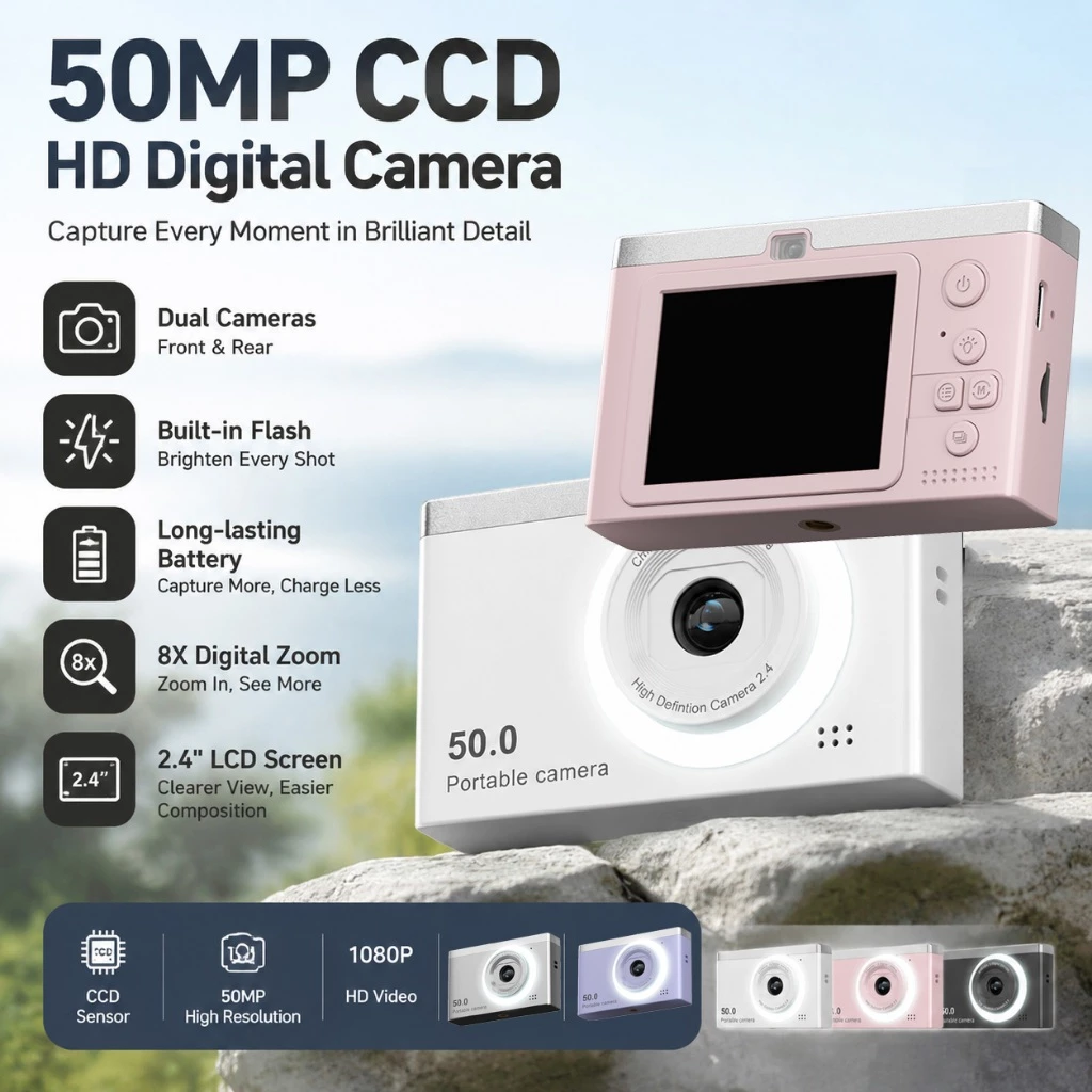 50MP กล้องดิจิตอลถ่ายภาพ 8X ซูมดิจิตอล Retro กล้องดิจิตอลแบบพกพา Selfie กล้อง Dual เลนส์ 2.4 "หน้าจอ LCD สําหรับวัยรุ่น Travel Vlog
