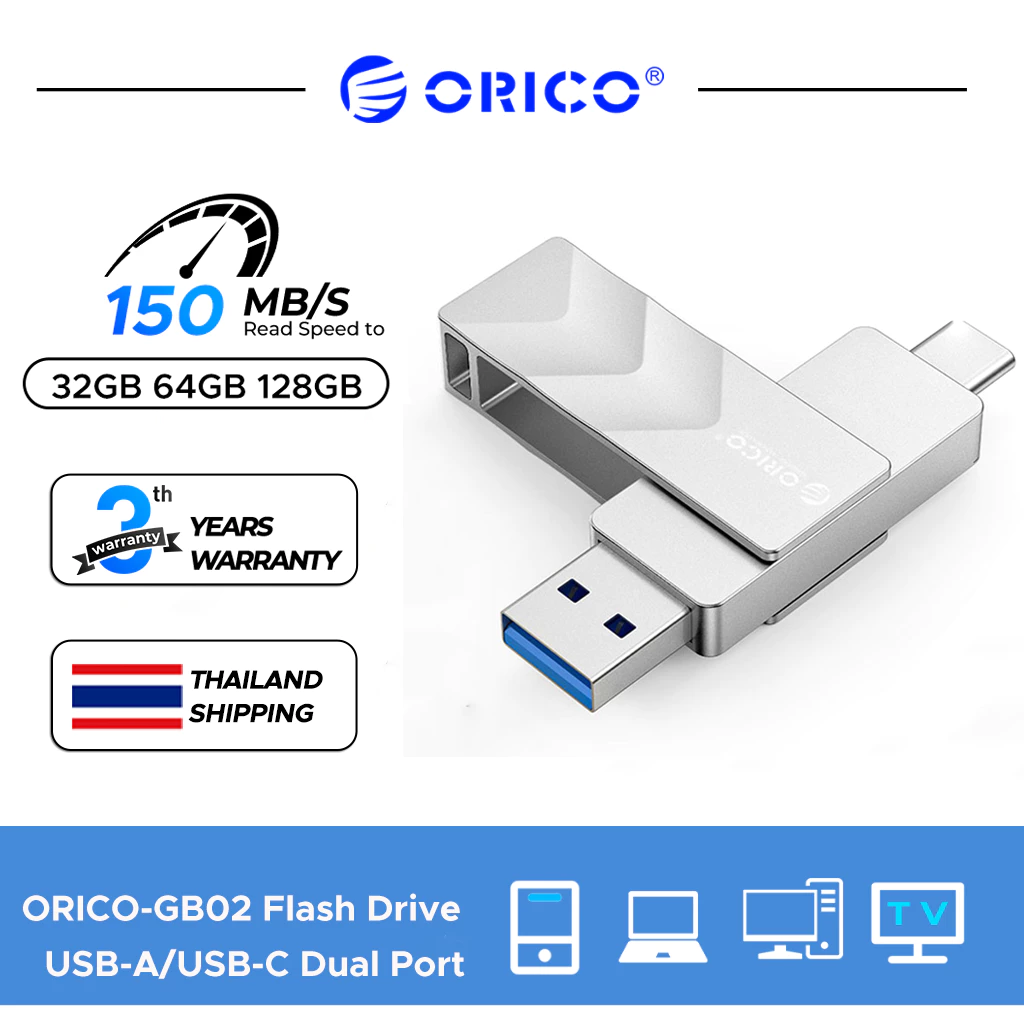 ORICO USB3.2 แฟลชไดรฟ์ 32GB 64GB 128GB แฟลชไดรฟ์ 2in1 Type-C+USB-A 150MB/s แฟลชไดรฟ์มือถือ(GB02)