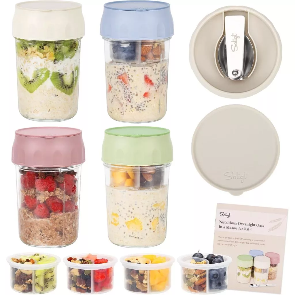 โถแก้วค้างคืนข้าวโอ๊ตพร้อมฝาปิด & ช้อนพับได้ ถ้วยโยเกิร์ตและข้าวโอ๊ตพร้อมช่องแยกท็อปปิ้ง