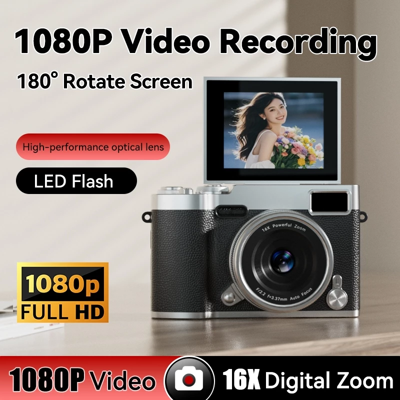 กล้องดิจิตอลหน้าจอพลิกขนาด 2.4 นิ้ว 48MP 1080P Vlogging กล้อง 16X ซูมดิจิตอลแฟลชขนาดกะทัดรัดสําหรับผู้เริ่มต้นวัยรุ่นการถ่ายภาพ