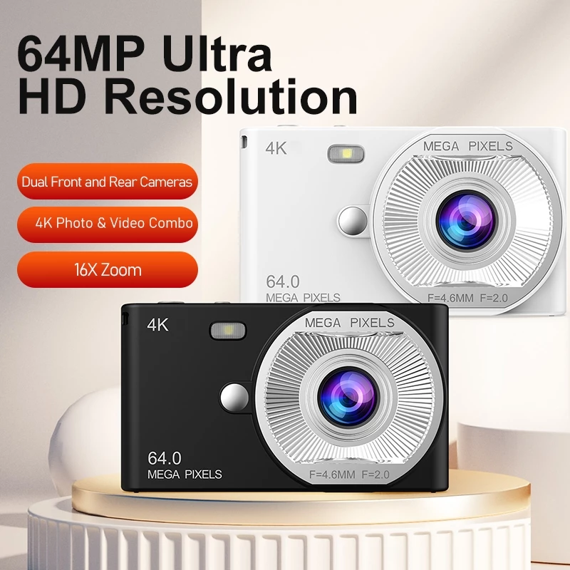 กล้องดิจิตอล 4K 64MP กล้อง Vlogging เลนส์คู่พร้อม LCD ซูม 16X 2.4 "แฟลชกล้องเล็งและยิงแบบพกพา