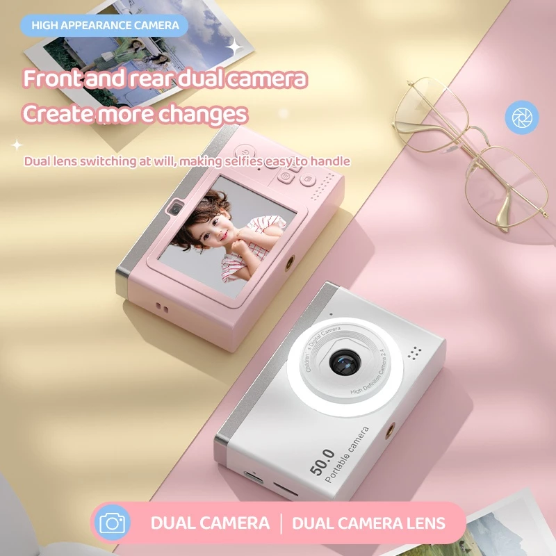 กล้องดิจิตอลสําหรับเด็ก 50MP 1080P,กล้อง Vlogging เลนส์คู่พร้อมหน้าจอ 2.4 "ซูม 8X และไฟฉายแบบพกพาขนาดกะทัดรัดมินิกล้อง