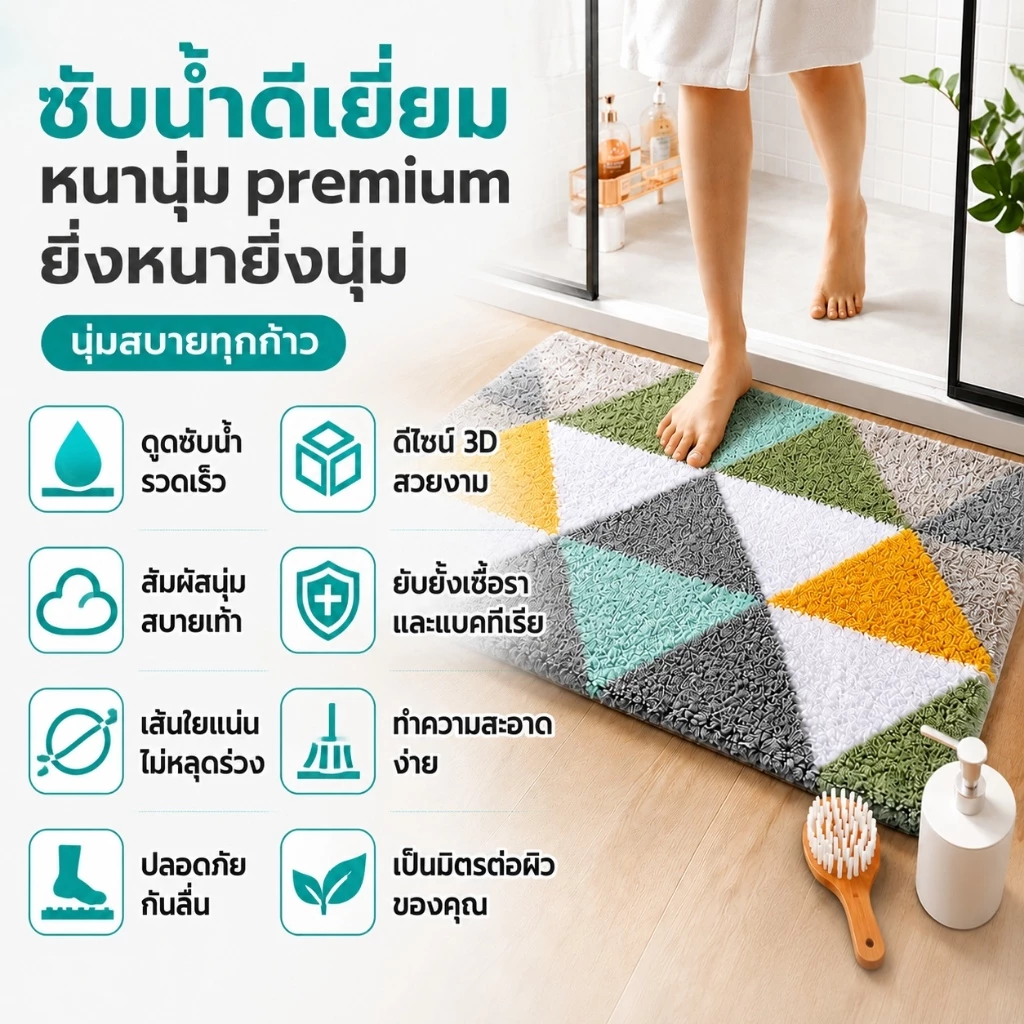 พรมเช็ดเท้าห้องน้ำ ดูดซับน้ำเร็ว แห้งไว พรมกันลื่น พรมห้องน้ำ ขนนุ่มหนาพิเศษ ซักเครื่องได้ ไม่หลุดขน กันเชื้อรา กันลื่น 0.45 พรมหน้าอ่างล้างหน้า พรมตกแต่งห้องน้ำ พรมซับน้ำ พรมนุ่มสบายเท้า พรมอเนกประสงค์ Bathroom Mat Non Slip Rug Absorbent Dry Fast K533 — ของมงคลหมวดสีมงคล