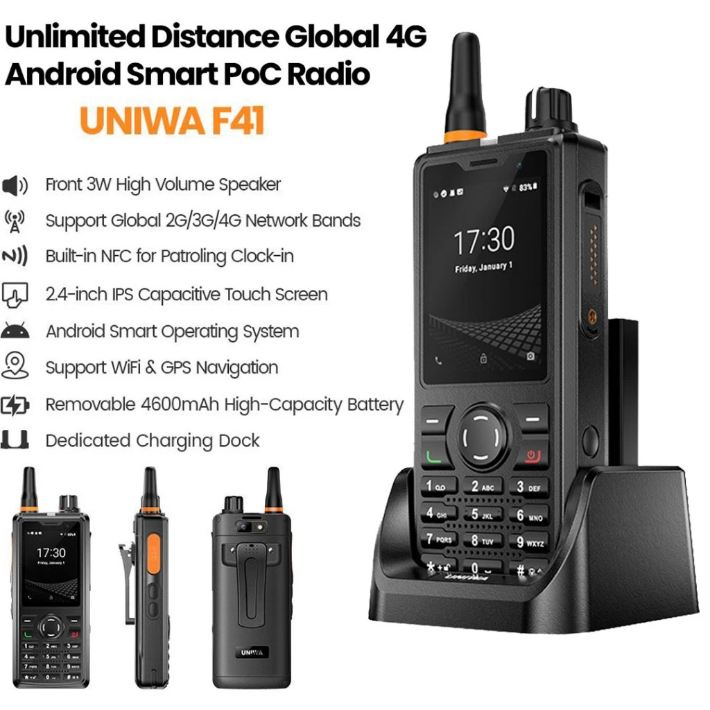 UNIWA F41 4G POC ทนทาน Zello โทรศัพท์ 2.4 "IPS Touch BT หน้าจอ 1GB + 8GB กันน้ํา Android 8.1 4600mAh NFC โทรศัพท์มือถือ