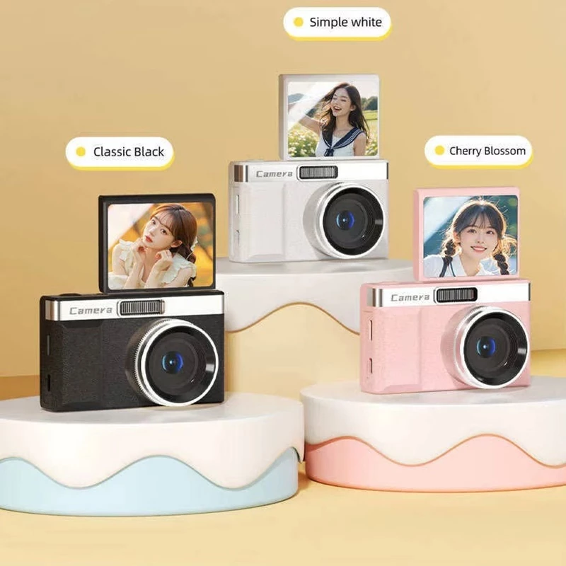 กล้อง ซีซีดี ความละเอียดสูง 64MP หน้าจอเซลฟี่แบบพลิกออก 2.4 นิ้ว กล้องดิจิตอลราคาประหยัดสําหรับนักเรียน มีสีดํา สีขาว และสีชมพูดอกซากุระ