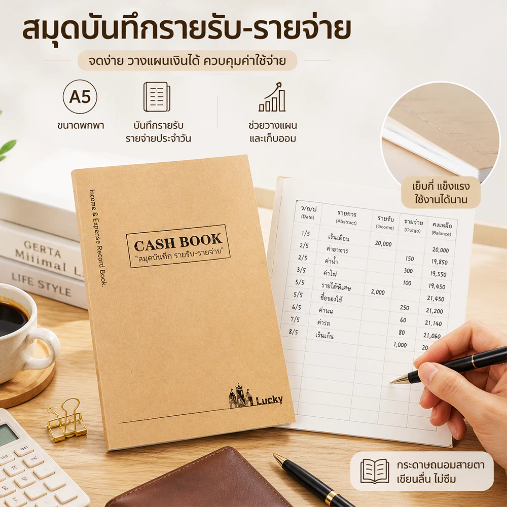 สมุดบันทึกรายรับรายจ่าย Cash Book A5 สมุดบัญชีรายรับรายจ่าย บันทึกค่าใช้จ่าย วางแผนการเงิน สมุดจดบัญชี เย็บเล่มแข็งแรง — ของมงคลหมวดการเงินและโชคลาภ