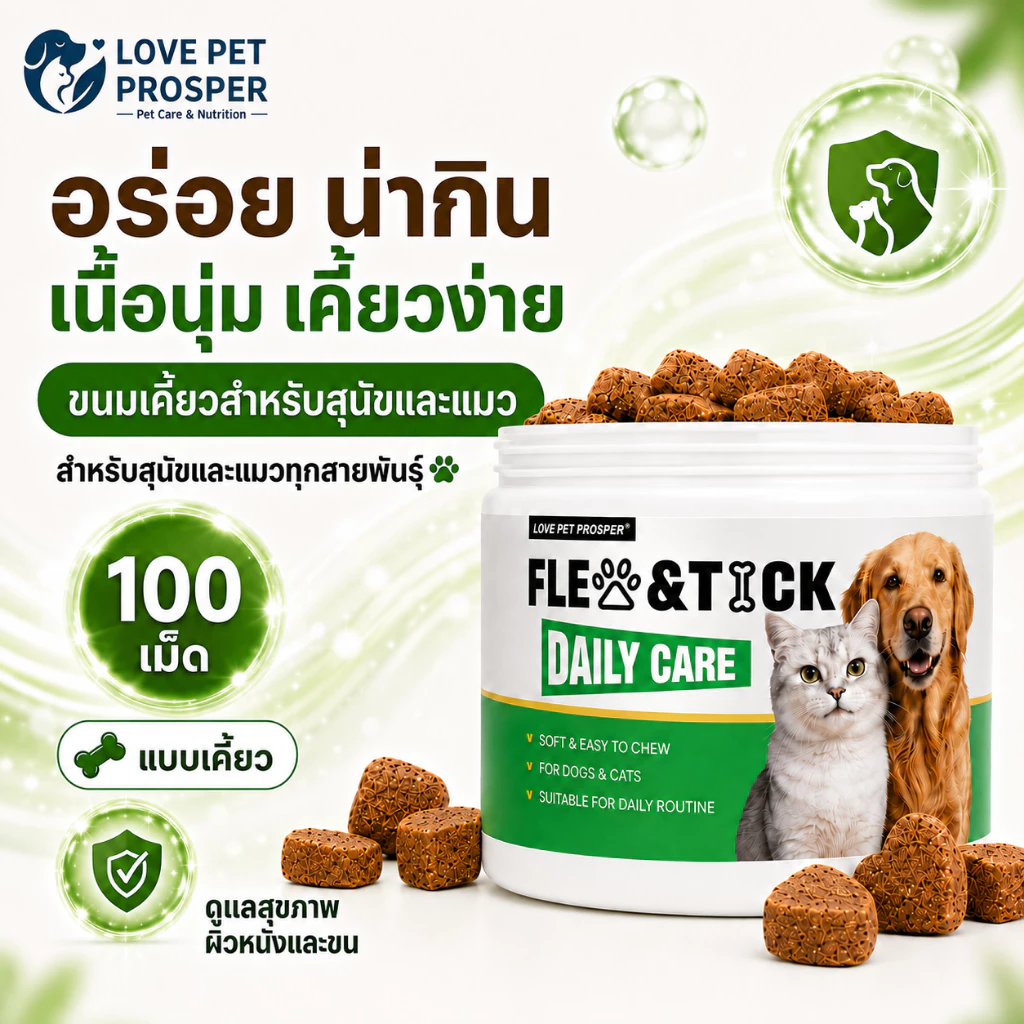 Love Pet Prosper ขนมเคี้ยวเลซิตินสำหรับสัตว์เลี้ยง ช่วยดูแลปัญหาเห็บและหมัด อาหารเสริมโอเมก้าบำรุงขนและสุขภาพสำหรับสุนัขและแมว ขนมบำรุงสูตรปราศจากวัตถุกันเสีย 100 เม็ด