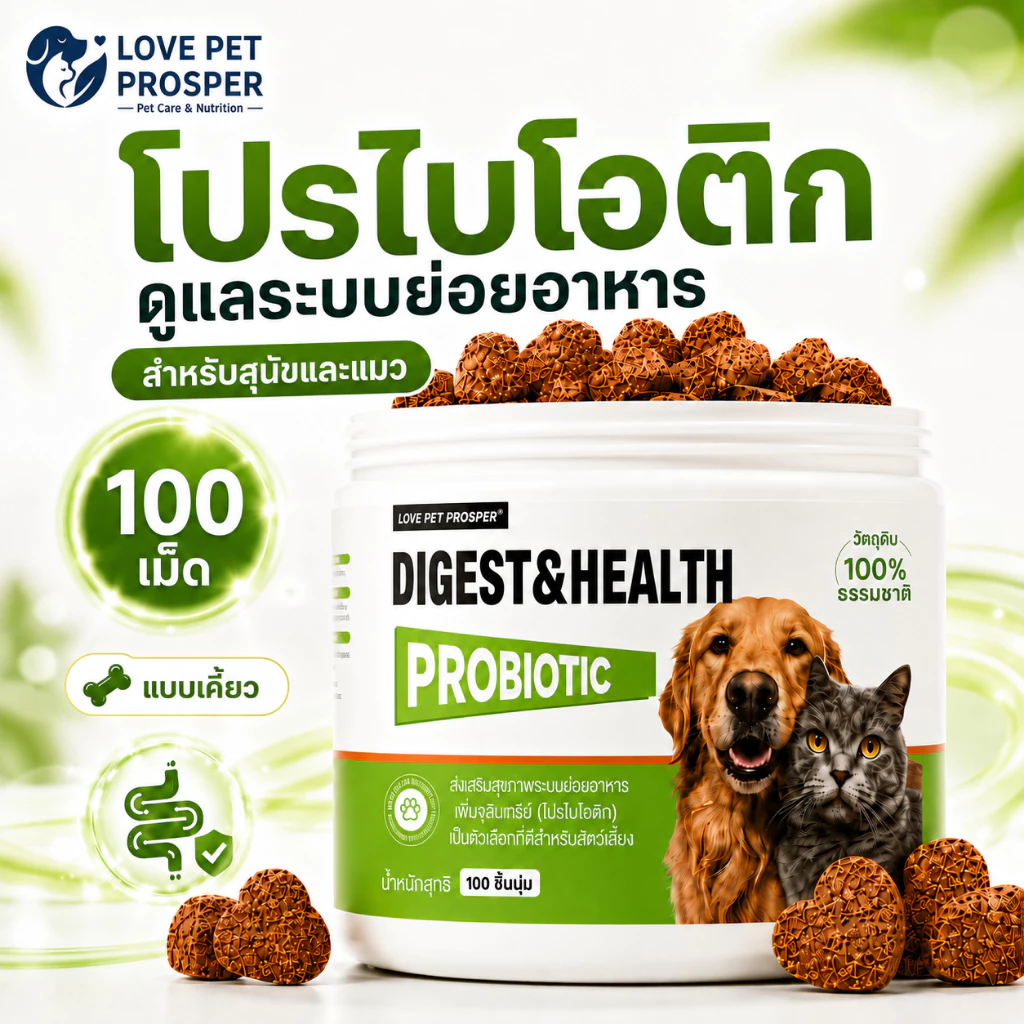 Love Pet Prosper โปรไบโอติกสุนัขและแมว ขนมเคี้ยวดูแลระบบย่อยอาหารและลำไส้ Probiotic Digestive Support สำหรับสัตว์เลี้ยง 100 เม็ด