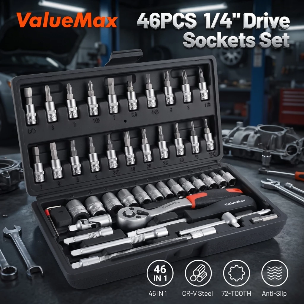 VALUEMAX 46ชิ้น1/4 " ประแจบล็อก ไดรฟ์ซ็อกเก็ตชุดเครื่องมือมือกลกล่องเครื่องมือรถรถจักรยานยนต์ชุดซ่อมสําหรับไขควงบ้าน1/4-นิ้วซ็อกเก็ตประแจช