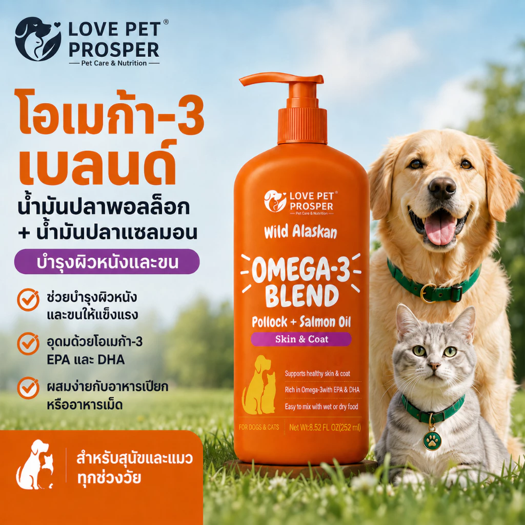 Love Pet Prosper โอเมก้า-3 น้ำมันปลาสำหรับสุนัขและแมว ผสมน้ำมันปลาพอลล็อคและแซลมอน บำรุงผิวหนังและขน 252ml