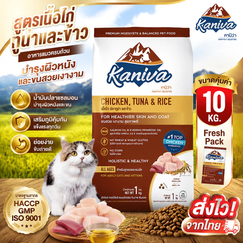 【พร้อมส่ง】 Kaniva อาหารแมว 1‑10 กิโล ไก่, ทูน่า และข้าว. Super Premium สูตรครบถ้วน โปรตีนสูง บำรุงขนและผิวหนัง