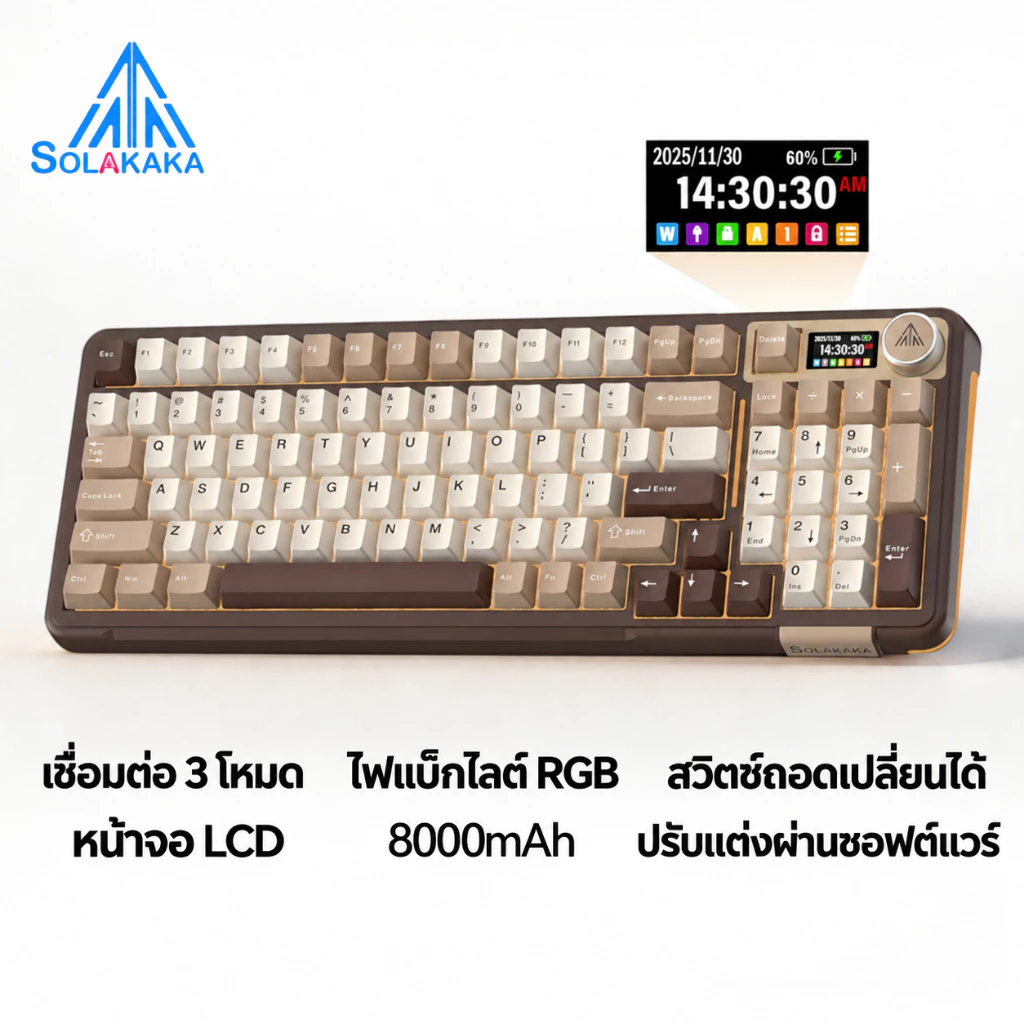 SOLAKAKA A99PRO คีย์บอร์ดแบบกลไก 97 คีย์บลูทูธ/2.4G/หน้าจอ LCD แบบมีสาย RGB 8000mAh คีย์บอร์ดไร้สายสําหรับเล่นเกมสํานักงาน