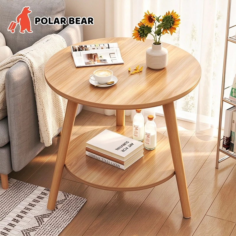 Polar Bear โต๊ะกลมสองชั้น โต๊ะกาแฟสไตล์นอร์ดิก โต๊ะข้างโซฟาไม้ ทรงกลมเรียบง่าย มีชั้นวางของในตัว