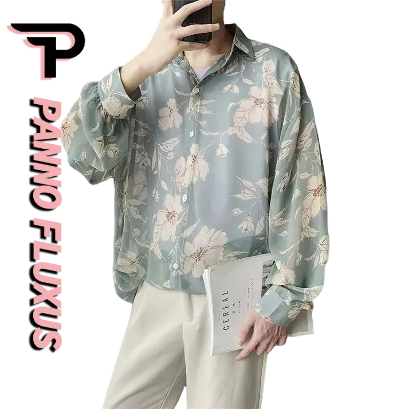PannoFluxus ผู้ชาย ins Hong Kong เสื้อเชิ้ตลายดอกทรงหลวมอินเทรนด์เวอร์ชั่นเกาหลีหล่อส่วนบางเสื้อเชิ้ตแขนยาวพิมพ์ลาย
