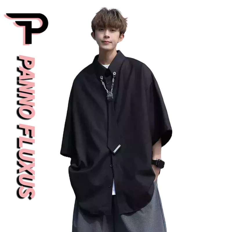 PannoFluxus เสื้อเชิ้ตแฟชั่นญี่ปุ่นแบบใหม่ของผู้ชายที่เรียบง่ายสีทึบด้านบนลำลองวรรณกรรม