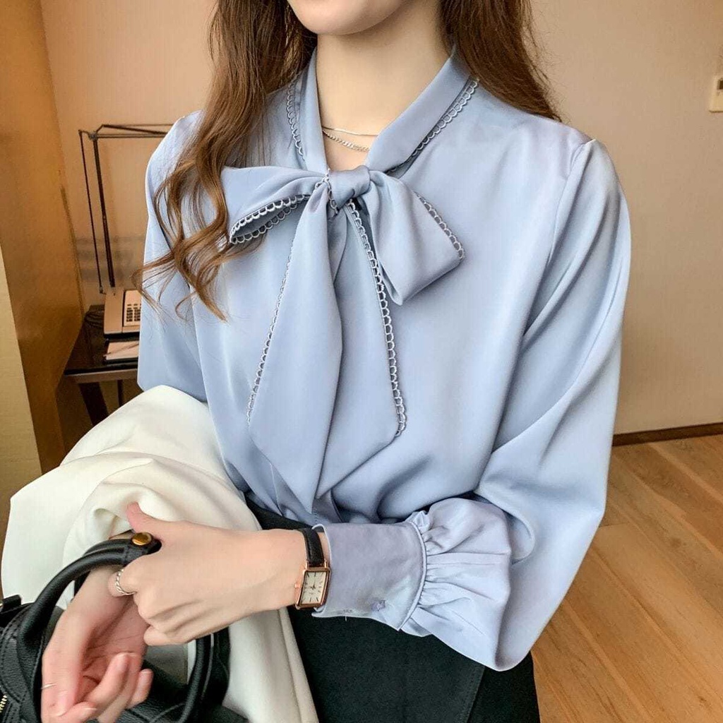 เสื้อเชิ้ต แขนยาวผูกเชือกทำงานสีขาว เสื้อผ้าแฟชั่นผู้หญิงชีฟอง oversize