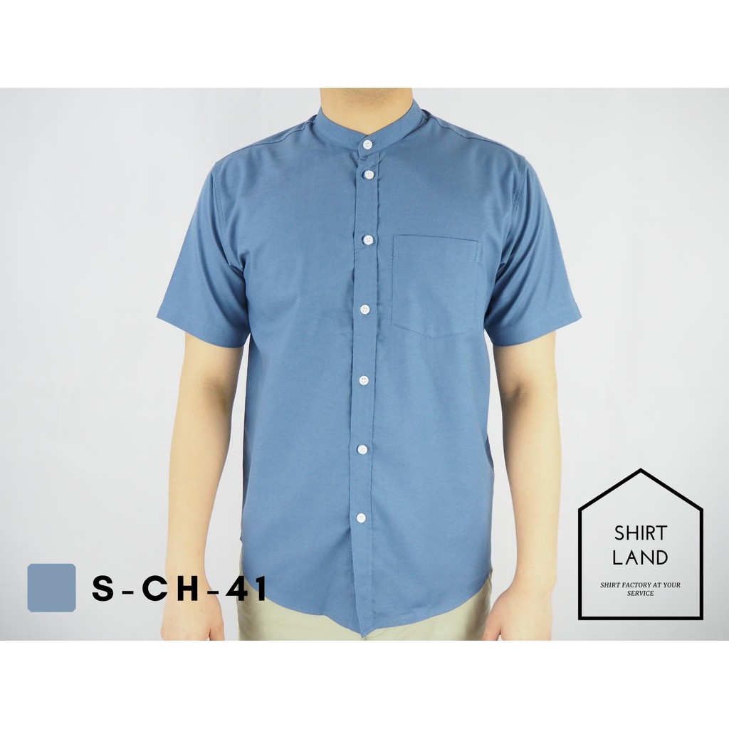 คอจีนแขนสั้น สีเข้ม MLXL ผ้า OXFORD  SHIRT LAND เสื้อเชิ้ตผู้ชาย Short Sleeve Chinese Mandarin Collar Shirt