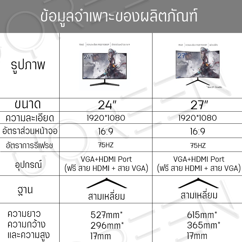 จอคอมพิวเตอร์ 27 นิ้ว 165hz จอคอม monitor 24 นิ้ว จอคอมพิวเตอร์ 2K จอโค้ง IPS 1MS เต็มจอไร้ขอบ LED UHD รับประกัน 5 ปี