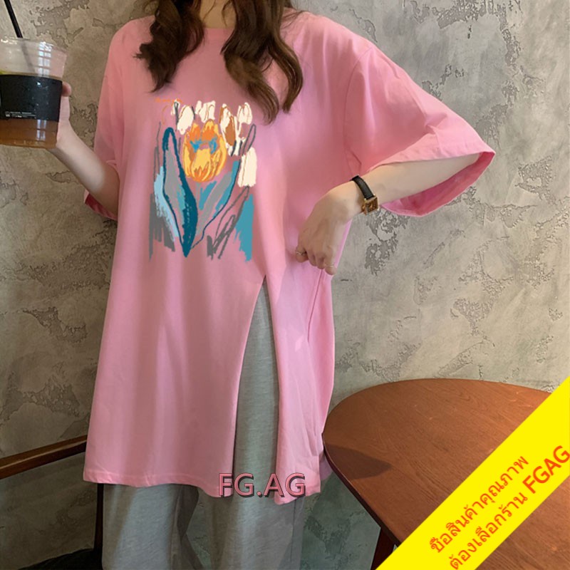 เสื้อโอเวอร์ไซส์เกาหลี เสื้อผ้าแฟชั่นผู้หญิง เดรสเสื้อยืดแขนสั้นคอกลม  สตรีท พิมพ์ดอกไม้ สีรุ้ง oversize สินค้าใหม่