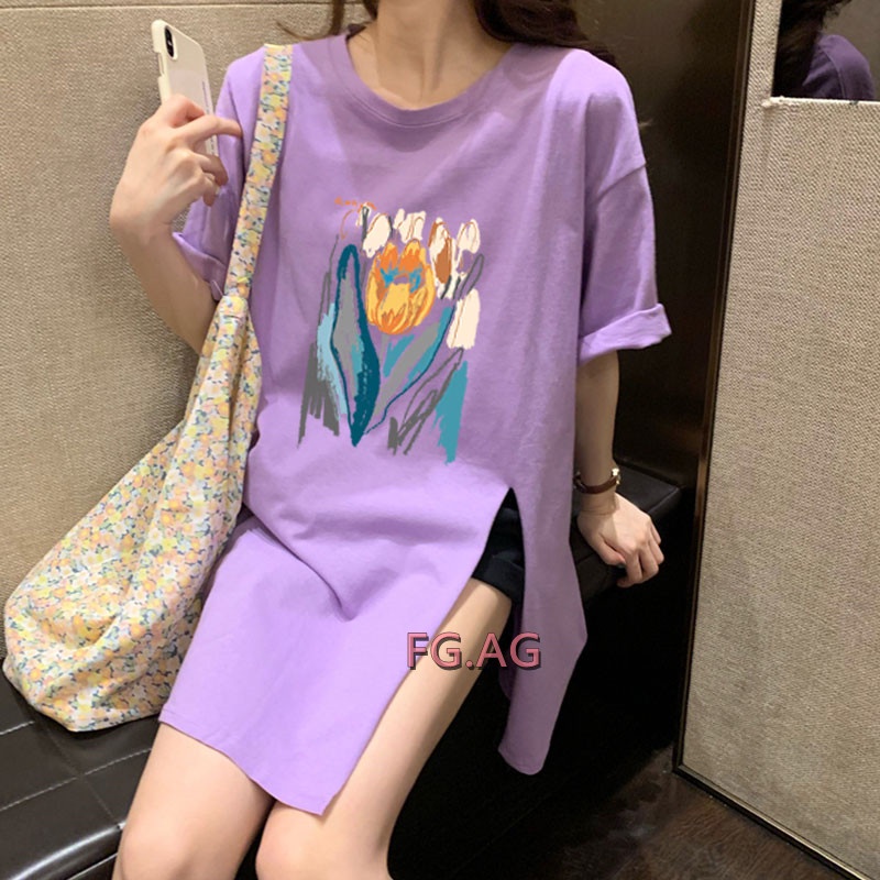 เสื้อโอเวอร์ไซส์เกาหลี เสื้อผ้าแฟชั่นผู้หญิง เดรสเสื้อยืดแขนสั้นคอกลม  สตรีท พิมพ์ดอกไม้ สีรุ้ง oversize สินค้าใหม่