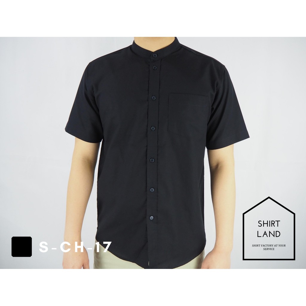 คอจีนแขนสั้น สีเข้ม MLXL ผ้า OXFORD  SHIRT LAND เสื้อเชิ้ตผู้ชาย Short Sleeve Chinese Mandarin Collar Shirt