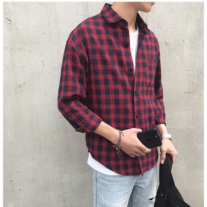 Leoman เสื้อเชิ๊ต ผู้ชายเสื้อแขนยาว แฟชั่น ลายสก็อต รุ่น 1234