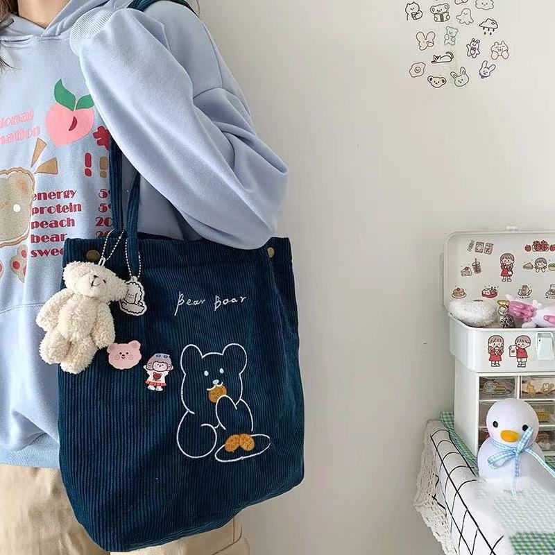  B271 กระเป๋าผ้าลูกฟูก กระเป๋าถือ สไตล์เกาหลี ใบใหญ่ Bear ไม่มีพวงกุญแจตุ๊กตา