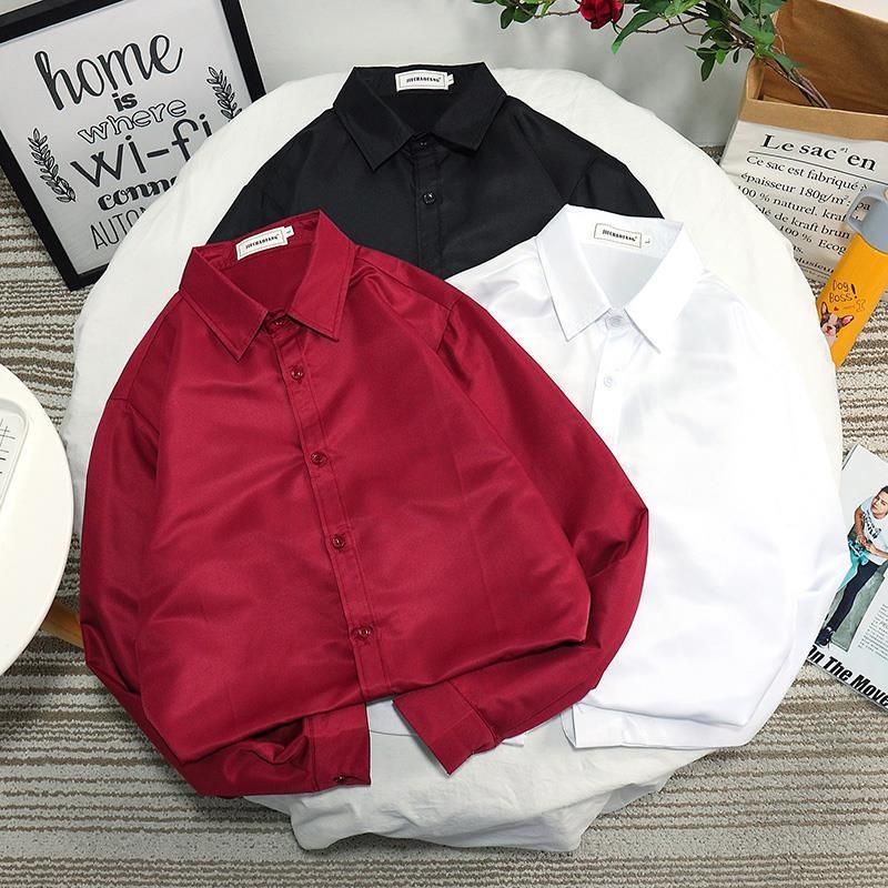 HANLUจัดส่งที่รวดเร็วเสื้อเชิ้ตแขนยาวผู้ชายแฟชั่นสีทึบหลวมท็อปส์ลำลองเสื้อธุรกิจ S3XL