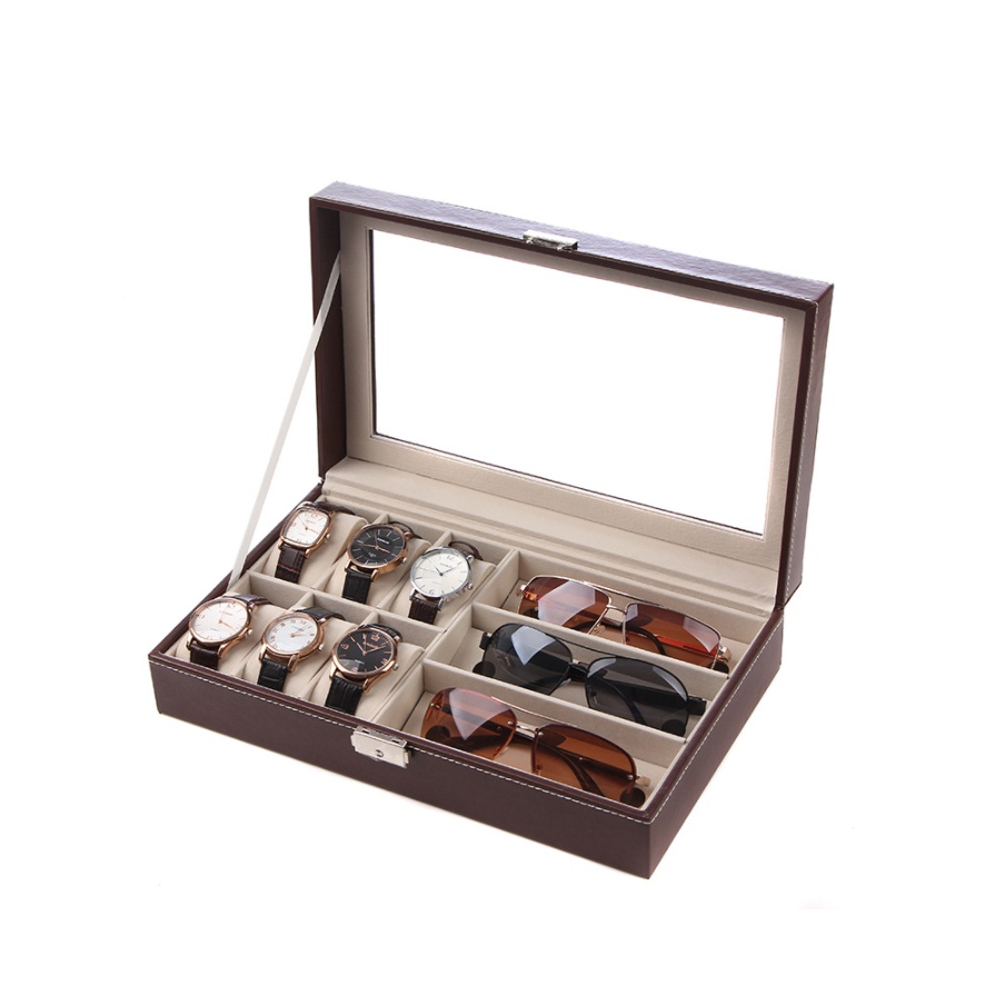 ASHMAR242 ลดเพิ่ม130 กล่องนาฬิกา6ช่องช่องแว่นตา3ช่อง หุ้มหนังPU สีน้ำตาล พร้อมส่ง