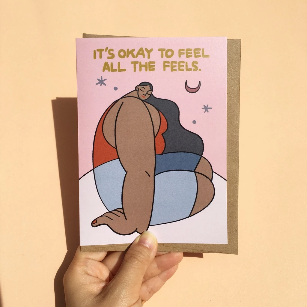 การ์ด It's okay to feel all the feels การ์ดปลอบใจ ให้กำลังใจ | sympathy greeting card, break up card, broken heart card — ของมงคลหมวดไลฟ์สไตล์และของขวัญ