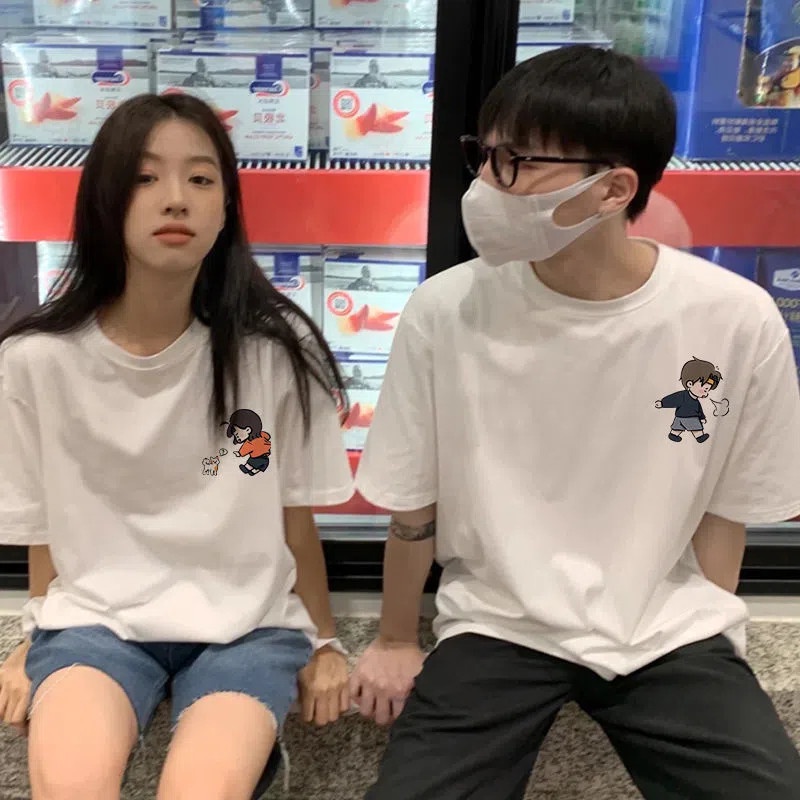 เสื้อคู่รักชายหญิง Oversize เสื้อผ้าแฟชั่นเกาหลี เสื้อยืดโอเวอร์ไซส์ผู้หญิง สกรีนลายการ์ตูน วินเทจ ทรงหลวม แนวสตรีท XXL