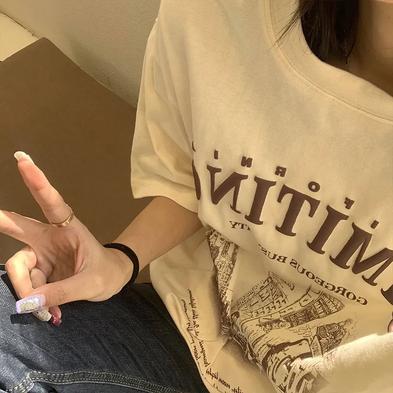เสื้อยืดแขนสั้นลําลองทรงหลวมผู้หญิง oversize เสื้อผ้าแฟชั่นวัยรุ่น  เสื้อตัวใหญ่โอเวอร์ไซส์เกาหลี สกรีนลายวินเทจเท ผ้าดี