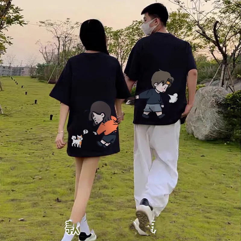 เสื้อคู่รักชายหญิง Oversize เสื้อผ้าแฟชั่นเกาหลี เสื้อยืดโอเวอร์ไซส์ผู้หญิง สกรีนลายการ์ตูน วินเทจ ทรงหลวม แนวสตรีท XXL