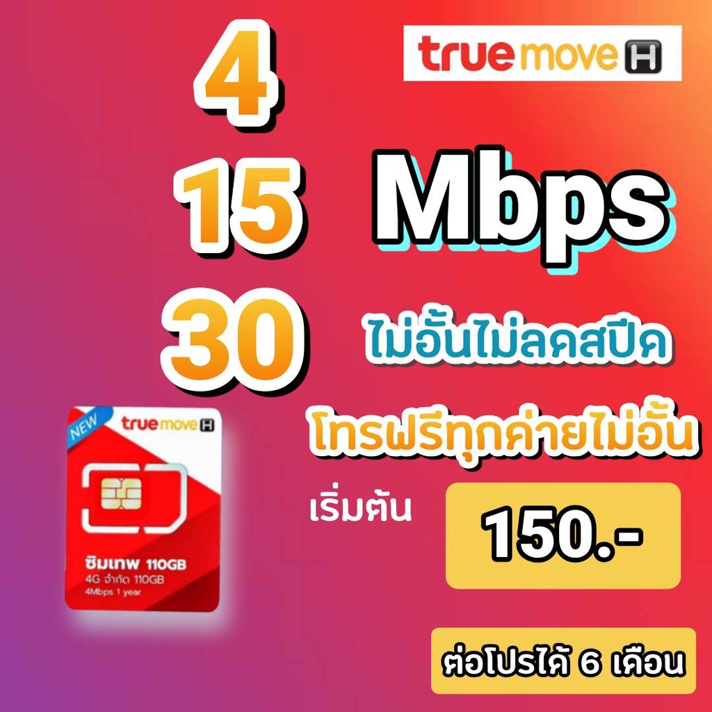 ซิมโปรเทพทรู True ความเร็ว 4152030 Mbps ไม่อั้นไม่ลดสปีด ใช้ได้ทุกพื้นที่