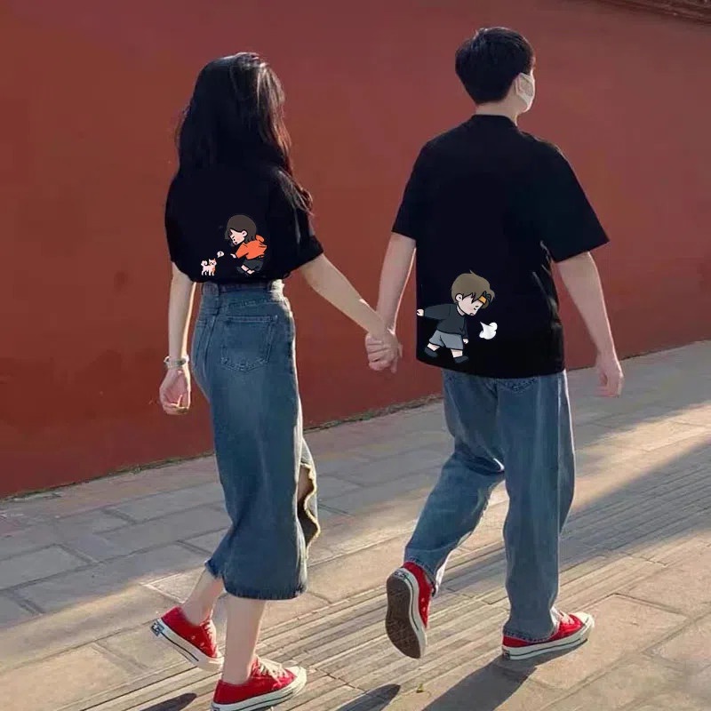 เสื้อคู่รักชายหญิง Oversize เสื้อผ้าแฟชั่นเกาหลี เสื้อยืดโอเวอร์ไซส์ผู้หญิง สกรีนลายการ์ตูน วินเทจ ทรงหลวม แนวสตรีท XXL