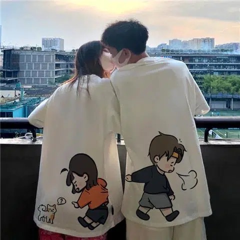 เสื้อคู่รักชายหญิง Oversize เสื้อผ้าแฟชั่นเกาหลี เสื้อยืดโอเวอร์ไซส์ผู้หญิง สกรีนลายการ์ตูน วินเทจ ทรงหลวม แนวสตรีท XXL