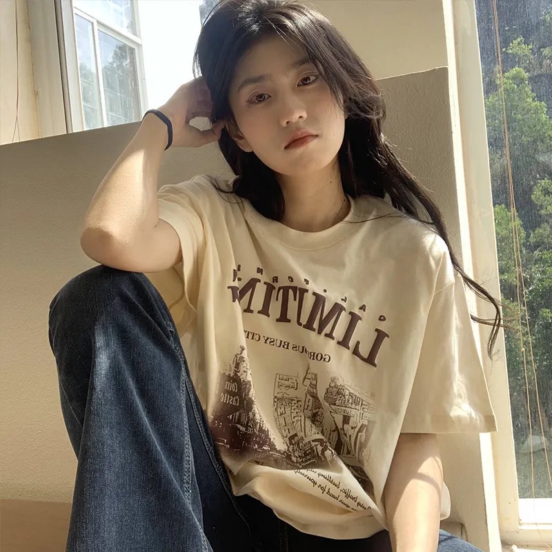 เสื้อยืดแขนสั้นลําลองทรงหลวมผู้หญิง oversize เสื้อผ้าแฟชั่นวัยรุ่น  เสื้อตัวใหญ่โอเวอร์ไซส์เกาหลี สกรีนลายวินเทจเท ผ้าดี