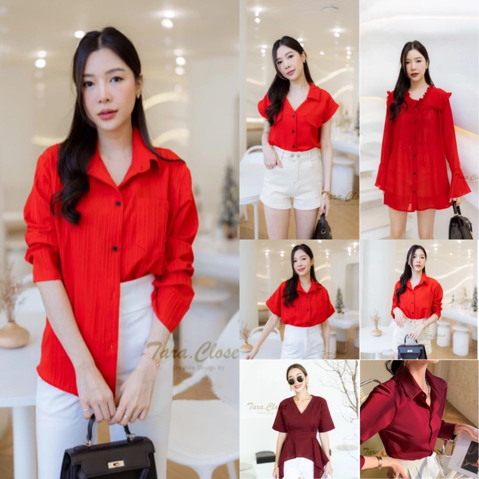 MIX001 TARA RED เสื้อสีแดง เชิ้ต ครอป สำหรับใส่ในเทศกาล คริสต์มาส ปีใหม่ ตรุษจีน เสริมศิริมงคลให้แก่ตัวท่านเอง — ของมงคลหมวดสีมงคล