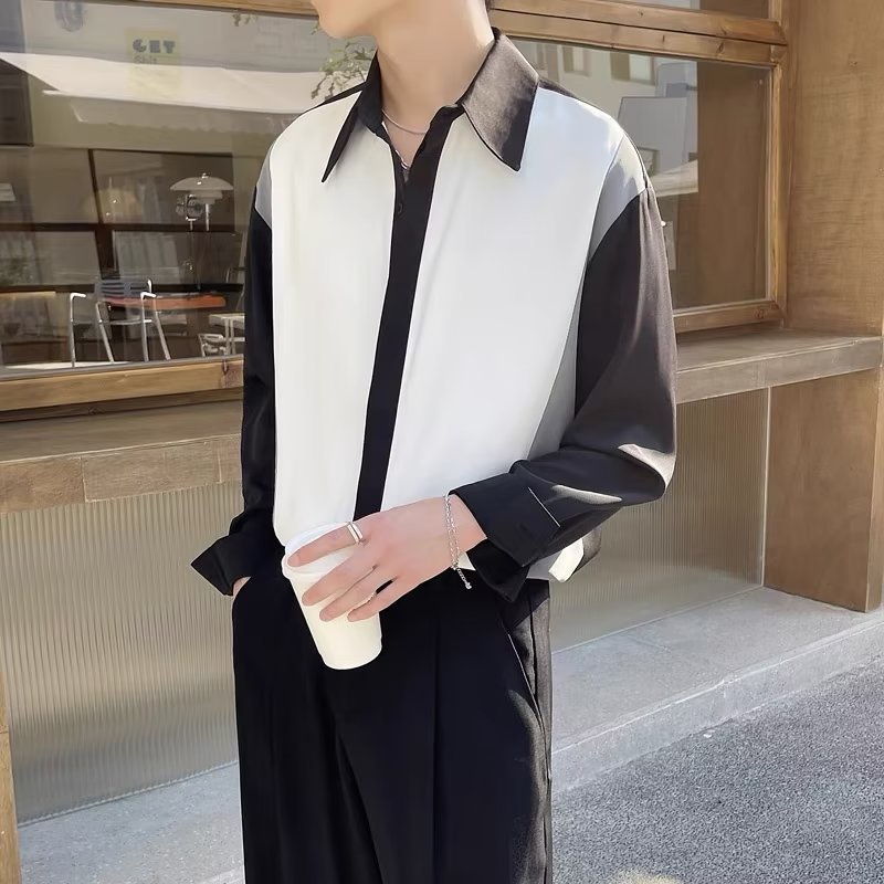 Suikone เสื้อเชิ้ตผู้ชาย เสื้อเชิ้ตผู้ชายแฟชั่นแขนยาว คอปก สไตล์ลายทาง ใส่เที่ยว ใส่ทำงาน
