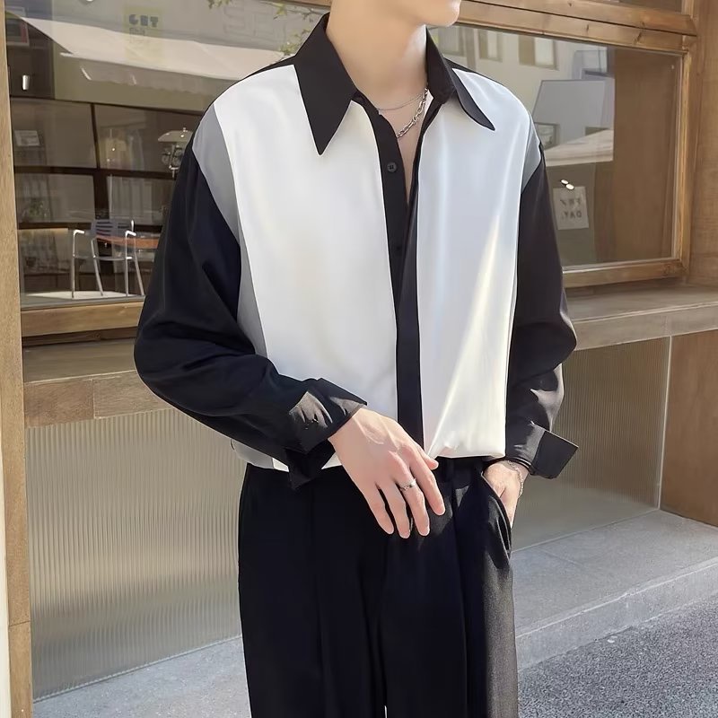 Suikone เสื้อเชิ้ตผู้ชาย เสื้อเชิ้ตผู้ชายแฟชั่นแขนยาว คอปก สไตล์ลายทาง ใส่เที่ยว ใส่ทำงาน