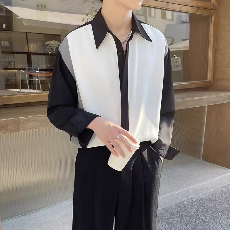 Suikone เสื้อเชิ้ตผู้ชาย เสื้อเชิ้ตผู้ชายแฟชั่นแขนยาว คอปก สไตล์ลายทาง ใส่เที่ยว ใส่ทำงาน