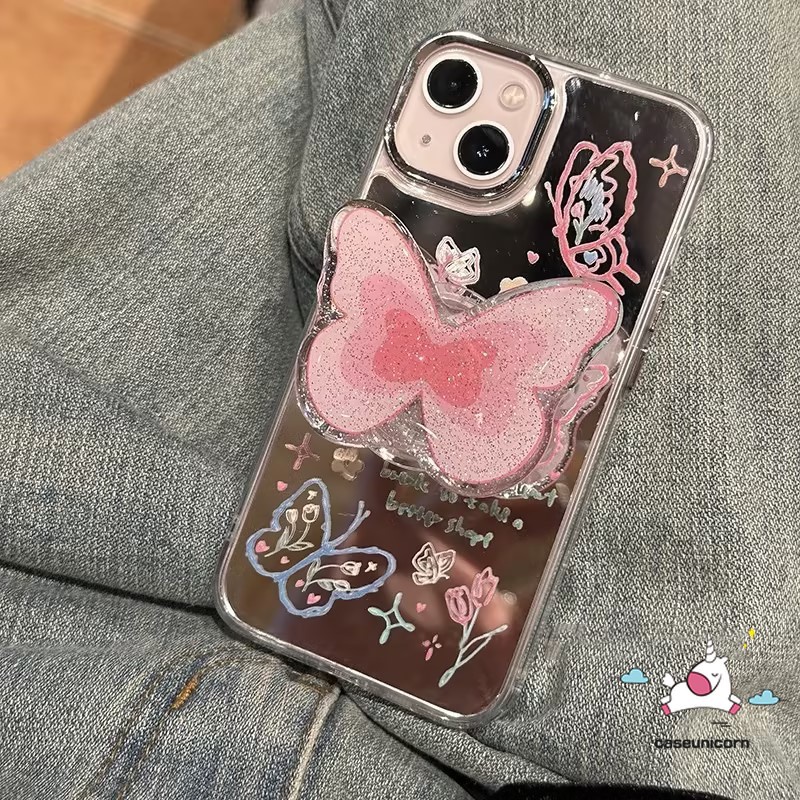 เคสโทรศัพท์มือถืออะคริลิค ลายการ์ตูนผีเสื้อ พร้อมขาตั้ง หรูหรา สําหรับ IPhone 14 11 Pro Max 13 12 Pro Max 11Pro 14Pro Max