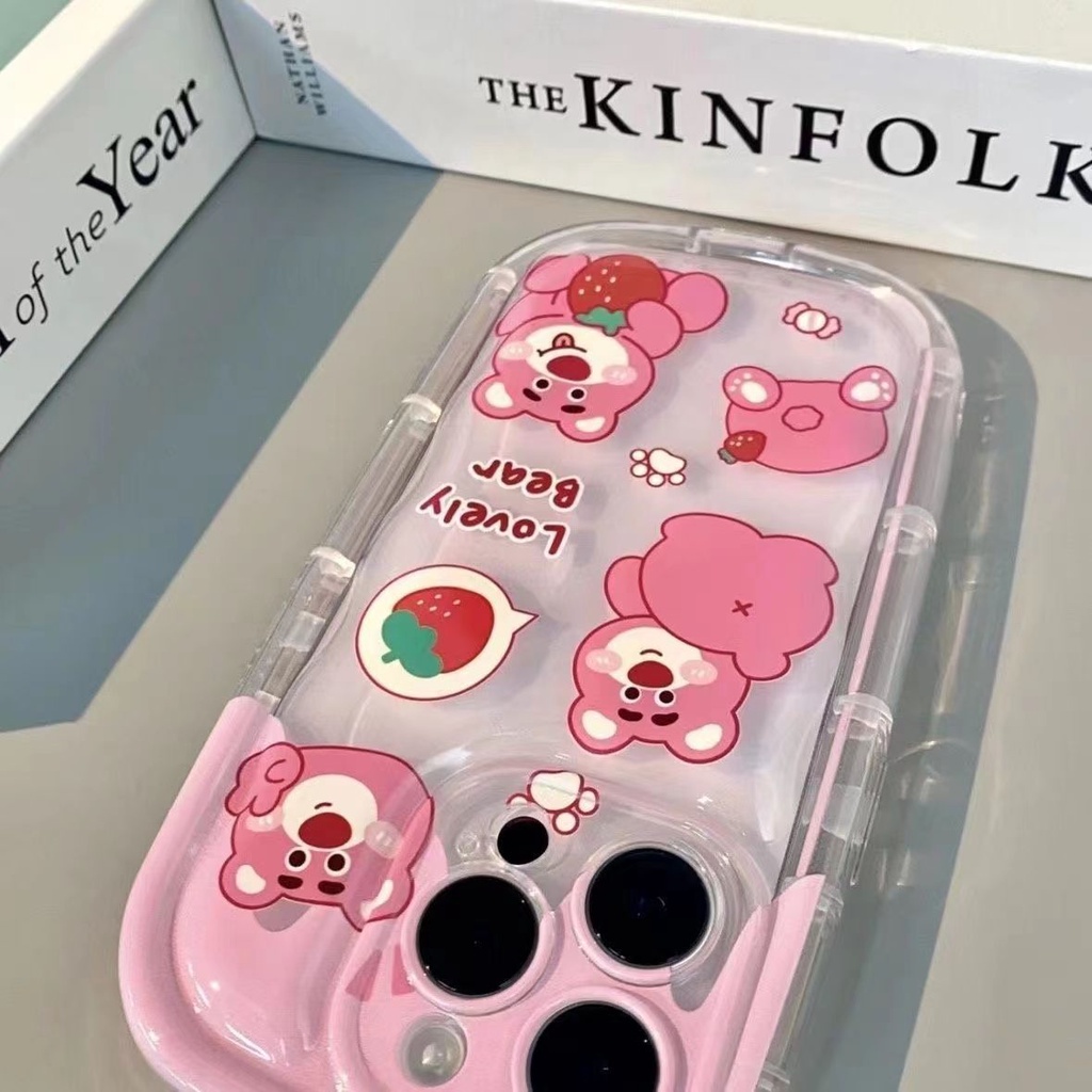 เคสโทรศัพท์มือถือ ซิลิโคนใส กันกระแทก ลายหมีสตรอเบอร์รี่ สีชมพู สําหรับ IPhone 15 12 13 14 11 Pro Max X Xs Max Xr 7 8 7 8 plus